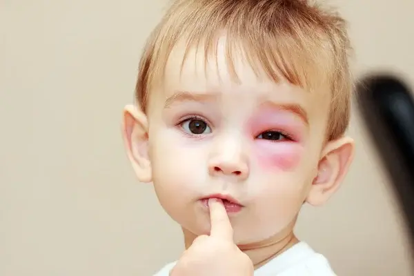 Que faire en cas de piqure de guepe ? Petit garçon piqué à l'oeil