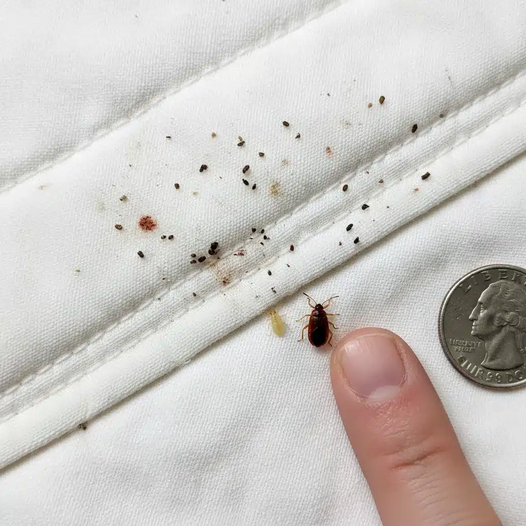 Traces déjections points noirs punaises de lit sur couture matelas et traces de sang.